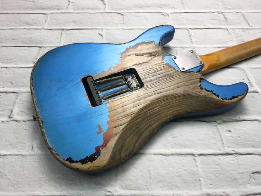 Fraser Guitars : CSS Lake Placid Blue over Sunburst HSS Heavy Relic Ash 60s : Retro Vintage Custom Aged S-Style Guitar
