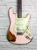 Fraser Guitars : CSS Shell Pink over Sunburst HSS Medium Relic 60s : Retro Vintage Custom Aged S-Style Guitar