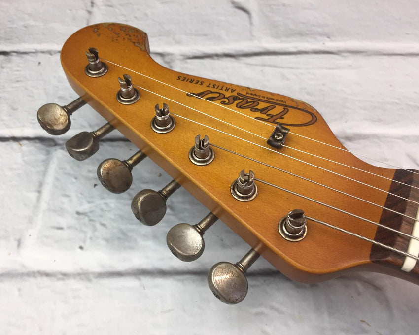 Fraser Guitars Artist Series : Rory Gallagher : Retro Vintage Custom Aged S-Style Tribute Guitar. Guitar Headstock shows Fraser Guitars logo.